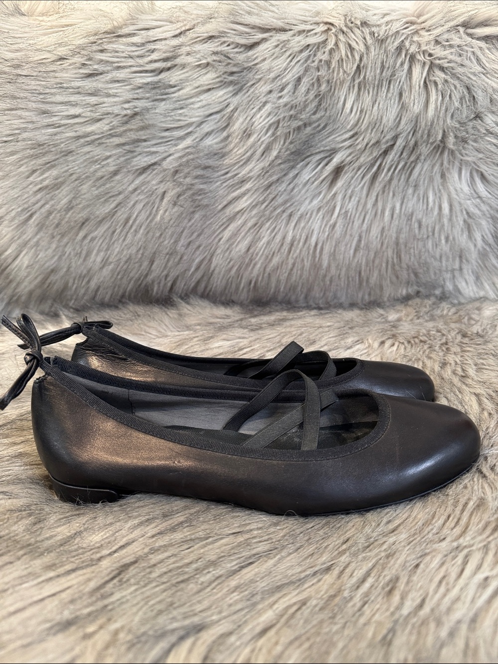 Stuart Weitzman Black Leather Ballet Flats with Crisscross Straps and Ankle Tie